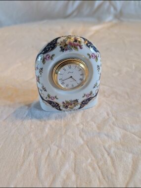 2/40$ Limoges Porcelain Floral Mantel Clock in White, Navy & Gold
